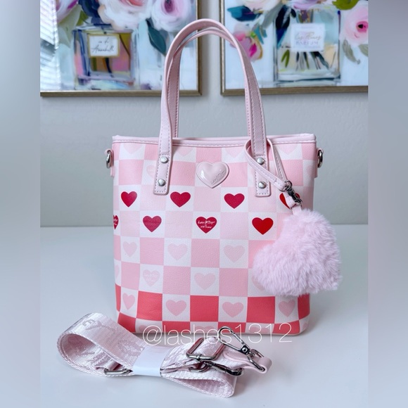 Betsey Johnson Handbags - Women Bags Pink Heart Checker Tote Bag with Pom Charm